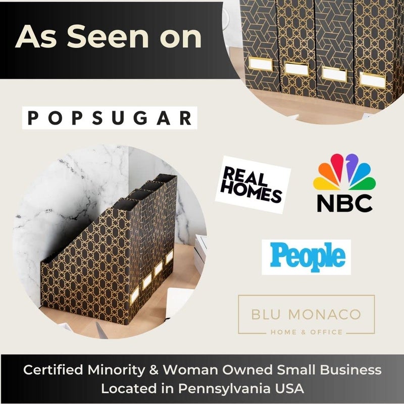 BLU MONACO | Set of 4 Black & Gold Geometric Magazine File Holders with Gold Label Holders | Stylish Vertical File Organizer Boxes for Desk, Bookshelf & Office Storage - Image 3